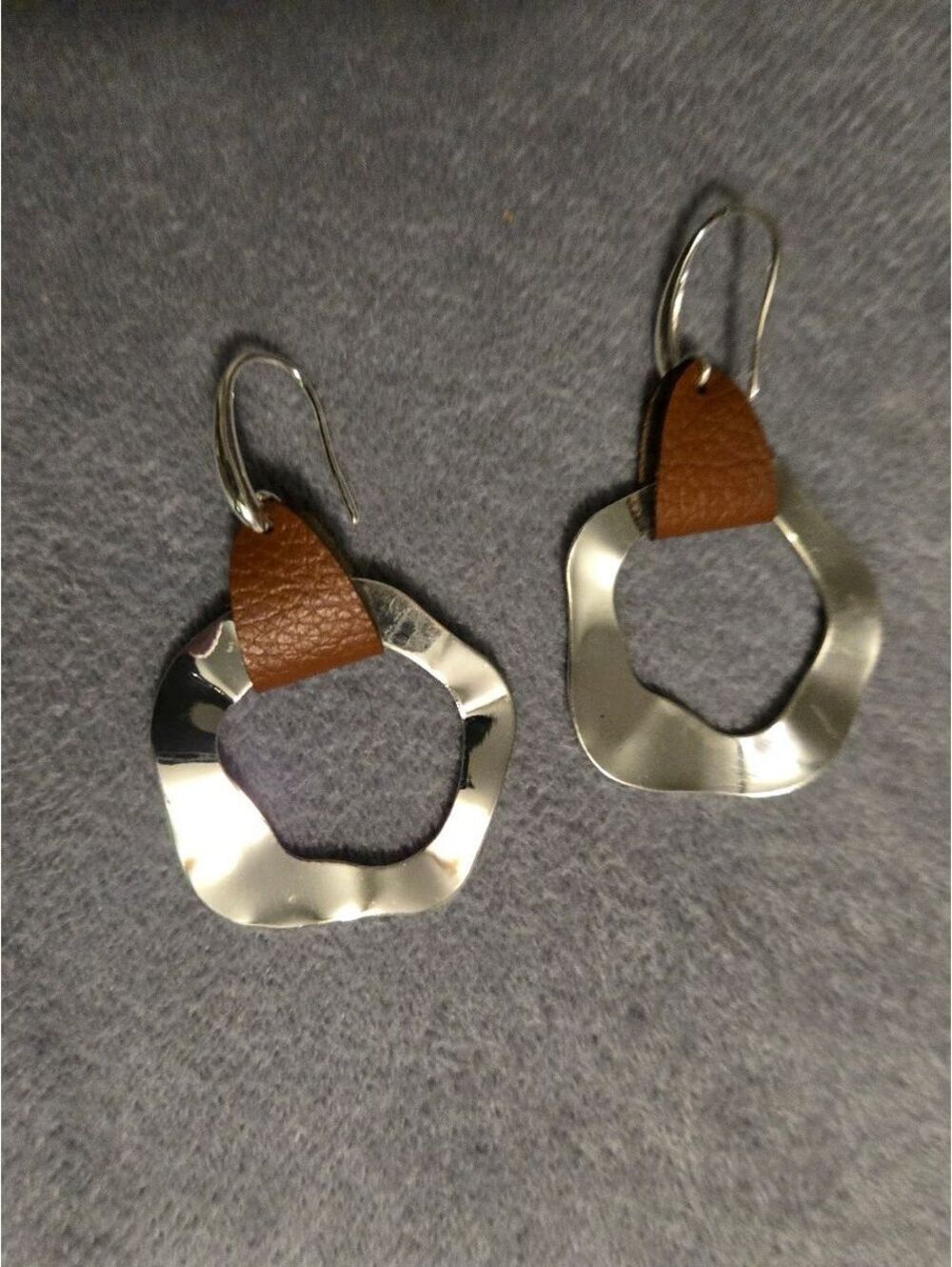 New Brown and Silver Metal Dangle Earrings with Leather Accent
